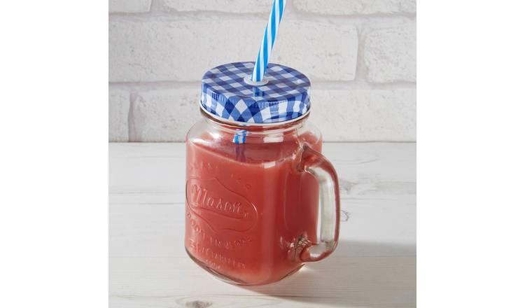 Orsina Bocal Embossed Mason Jar Mug with Gingham Lid – Blue