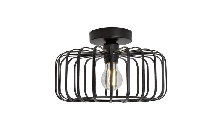 Happy Homewares Industrial Cage Matte Black Metal Semi Ceiling Light - 30cm
