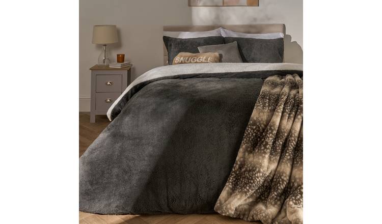 OHS Reversible Teddy Duvet Cover Set Charcoal/White - Super King