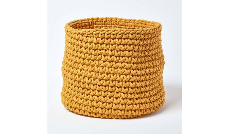 Homescapes Cotton Knitted Round Storage Basket - 42 × 37 cm - Yellow
