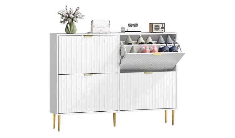 HOMCOM Fluted Shoe Cabinet with 4 Flip Drawers- White