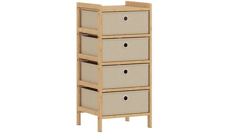 HOMCOM 4 Drawer Narrow Fabric Dresser with Bamboo Frame - Cream White