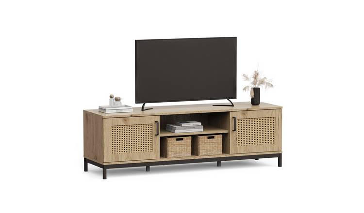 Vonhaus Lena 2 Door Rattan Effect Design TV Unit - Light Wood