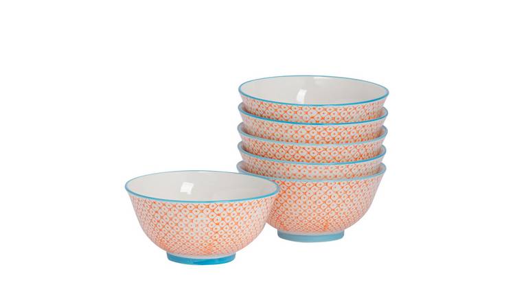 Nicola Spring Hand-Printed Cereal Bowls - Orange - Pack of 6