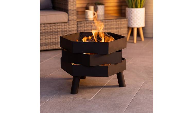 Charles Bentley Hexagonal 46cm Black Powder Coated Steel Modern Firepit - Black
