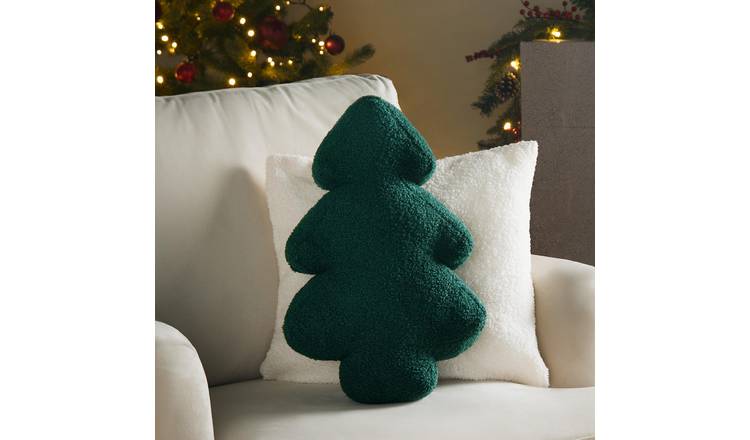 OHS Winter Boucle Tree Cushion - Green - 45 x 30 x 9cm
