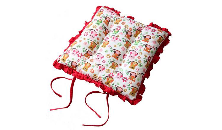 Homescapes Reversible Red Frilled Cushion Seat Pad with Ties Owls