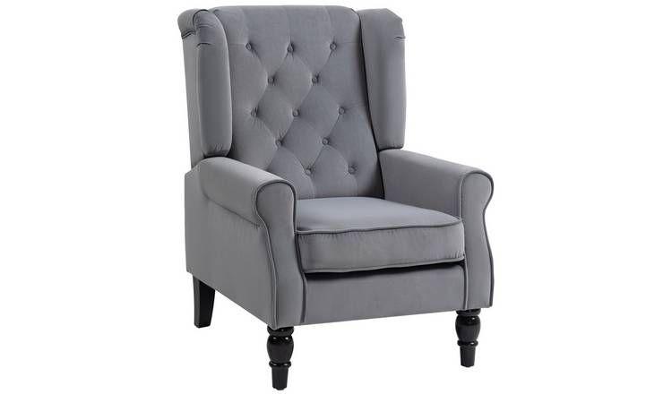 HOMCOM Wooden Button Tufted Velvet Armchair for Living Room - Light Grey