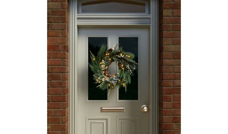 Indoor Outdoor 55cm Pre-Lit White Berry & Pinecone Eucalyptus Wreath