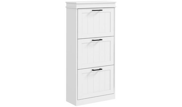 HOMCOM Fluted Shoe Cabinet with 3 Drop Down Drawers - White