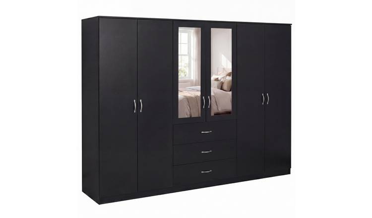 Vida Designs Riano 6 Door 3 Drawer Mirrored Wardrobe - Black