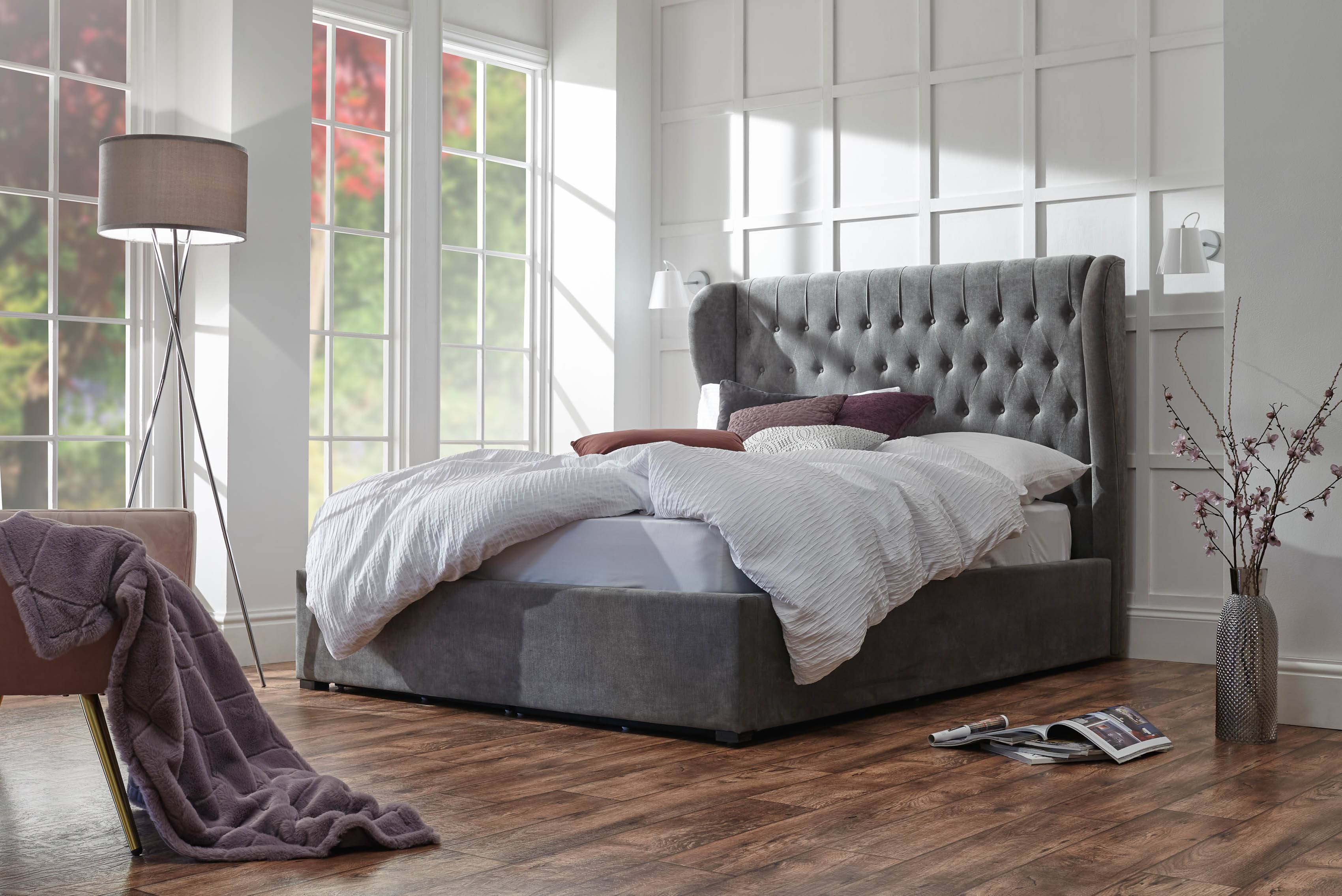 GFW Dakota King Size Chenille End Lift Ottoman Bed - Pewter - Image 1