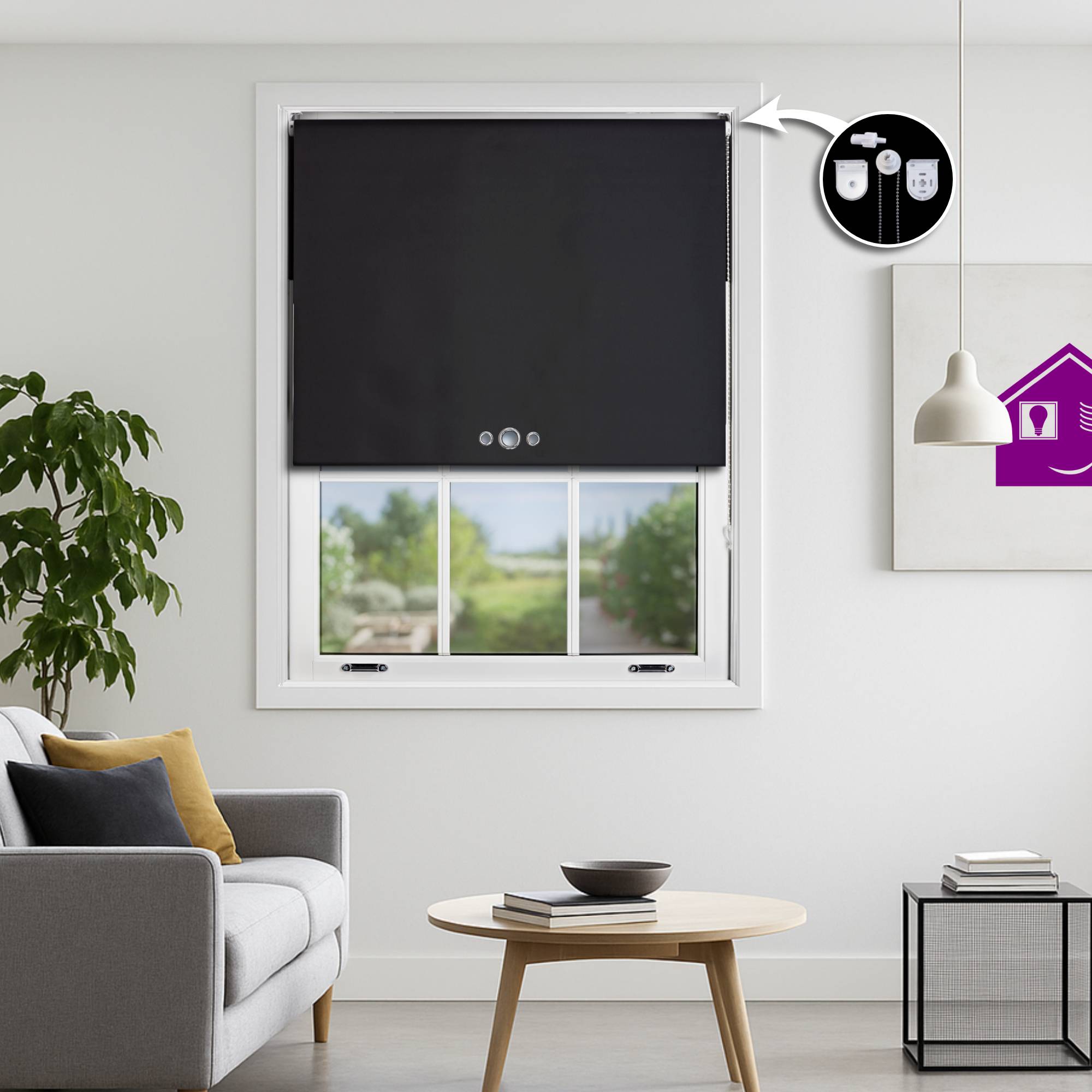 Furnished Black Blackout Roller Blind Triple Round Eyelets - 220 x 165cm - Image 1