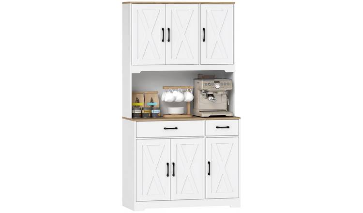 HOMCOM Farmhouse Kitchen Pantry with Microwave Stand - White