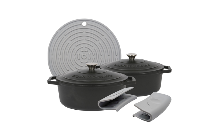 Argon Tableware Oval Cast Iron Casserole Dishes - Matt Black - Set of 2
