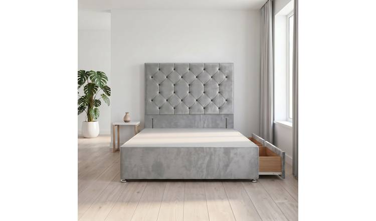 Somnior Diamante Velvet 4FT Small Double 2 Drawer Divan Bed Base - Silver