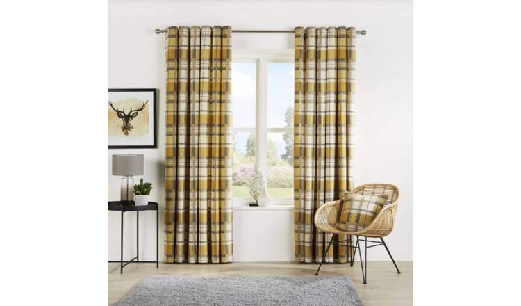 New Edge Blinds Ochre Check Eyelet Curtains - 117cm x 137cm