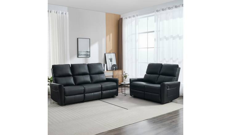 Furniture Online Madrid Manual Recliner Faux Leather 2+3 Seater Sofa Set - Black