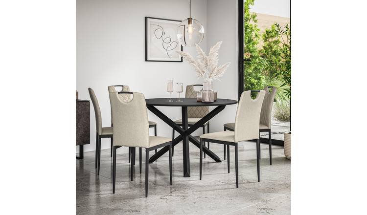 Furniture Online Malvern Monza Black Top Dining Table & 6 Beige Chairs