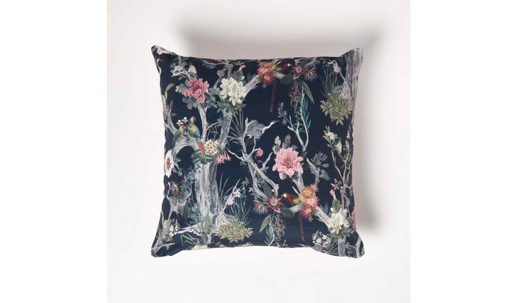 Homescapes Navy Garden Parrot Velvet Filled Cushion