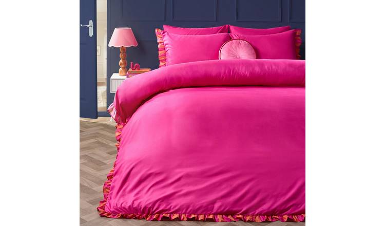 OHS Printed Edge Frill Duvet Cover Set Orange/Pink - King