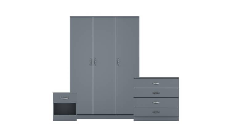Vida Designs Riano Bedroom Set (Bedside, 4 Drawer Chest, 3 Door Wardrobe) - Grey