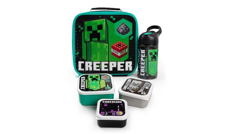 Minecraft Kids Unisex Lunch Bag Bottle and 3 Snack Pot - Black