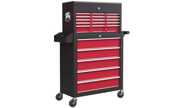 HOMCOM 14 Drawer Rolling Tool Cabinet with Pegboard and Side Rack - Red