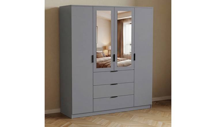Vida Designs Trega 4 Door 3 Drawer Mirrored Wardrobe - Grey