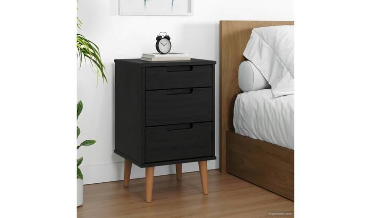 Walplus Solid Pine Bedside Cabinet - Black - 40 x 35 x 65 cm