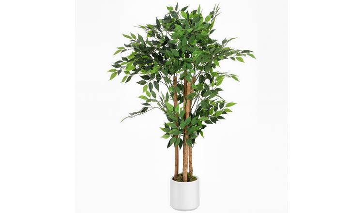 HOMCOM 3FT Artificial Ficus Tree with Solid Wood Trunk- Green