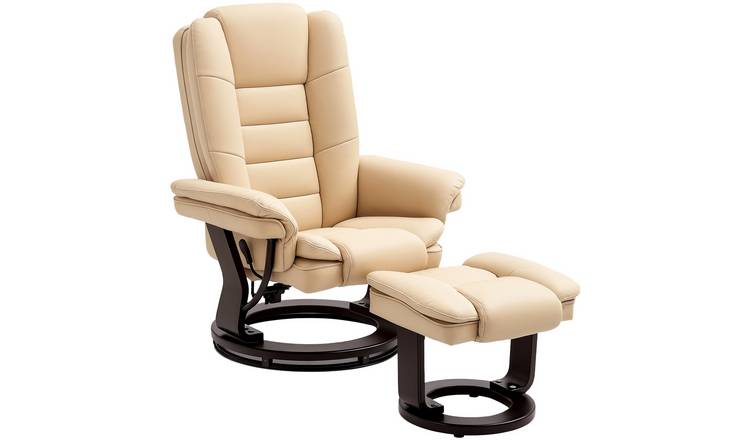HOMCOM PU Leather Swivel Recliner Armchair with Swivel Wood Base - Beige