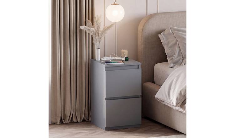 Vida Designs Denver 2 Drawer Bedside Chest with Power Outlet - Grey