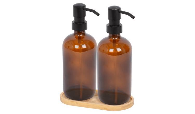 Harbour Housewares 2 Piece Glass Soap Dispenser Set with Bamboo Tray