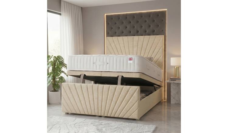 Somnior Linen Small Double Ottoman Divan Bed with Memory Mattress - Beige