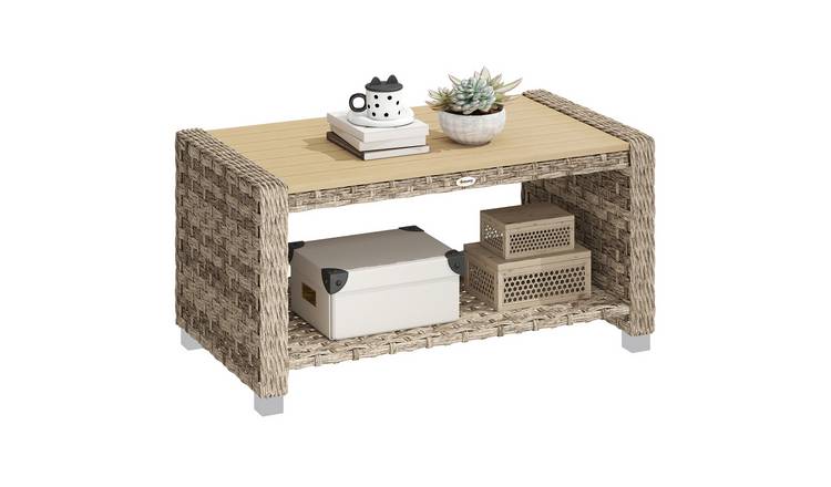 Outsunny PE Rattan Garden Side Table with Storage Shelf - Brown
