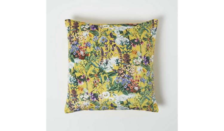 Homescapes Yellow Botanical Garden Floral Velvet Filled Cushion - 46 x 46 cm