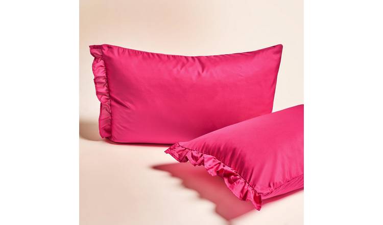 OHS 2 Pack Plain Dyed Frill Edge Pillowcases - Hot Pink