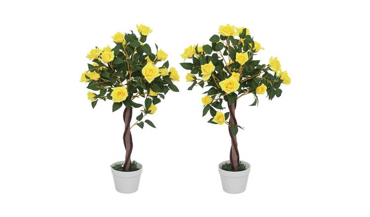 Outsunny Set of 2 Artificial Rose Trees - Yellow and Green