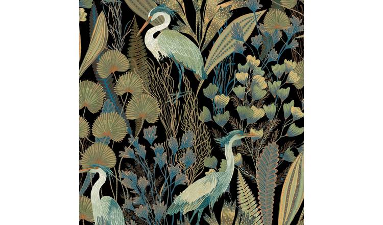 Grandeco Tropical Cranes Black Textured Wallpaper - Black Green Teal