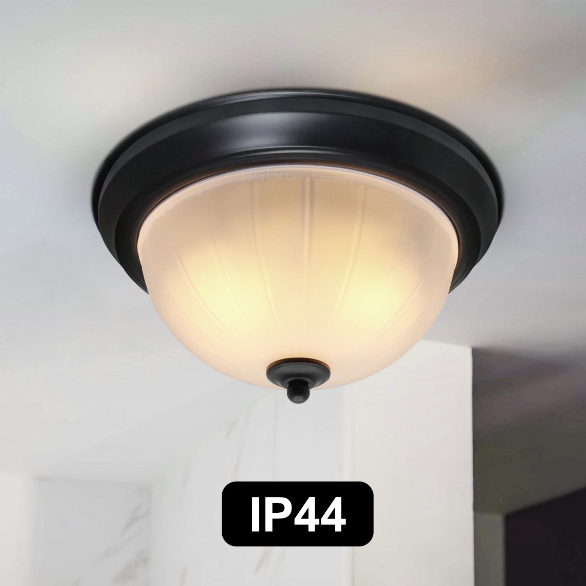 Energy Light Bulbs Textured Frosted Glass Flush Ceiling Light IP44 - Black - Image 4