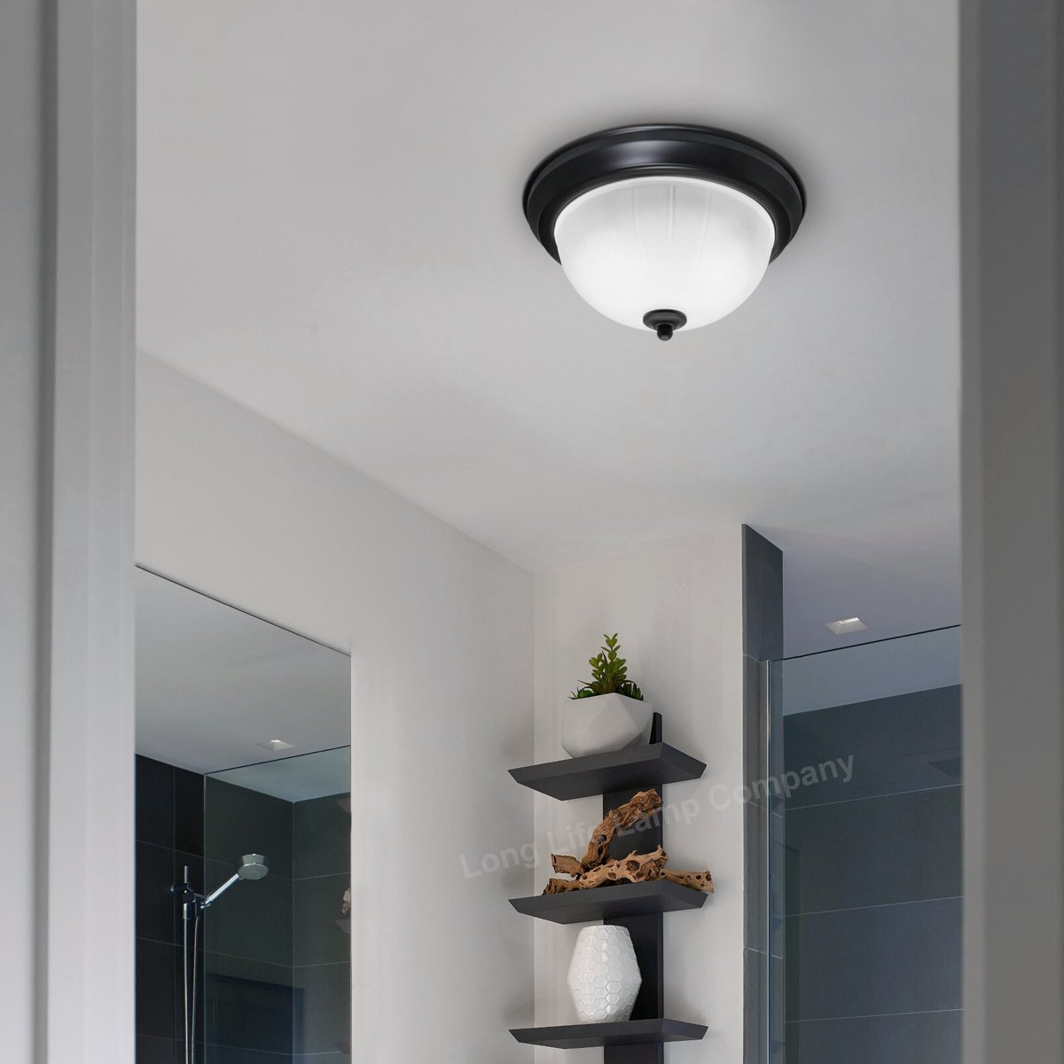 Energy Light Bulbs Textured Frosted Glass Flush Ceiling Light IP44 - Black - Image 6