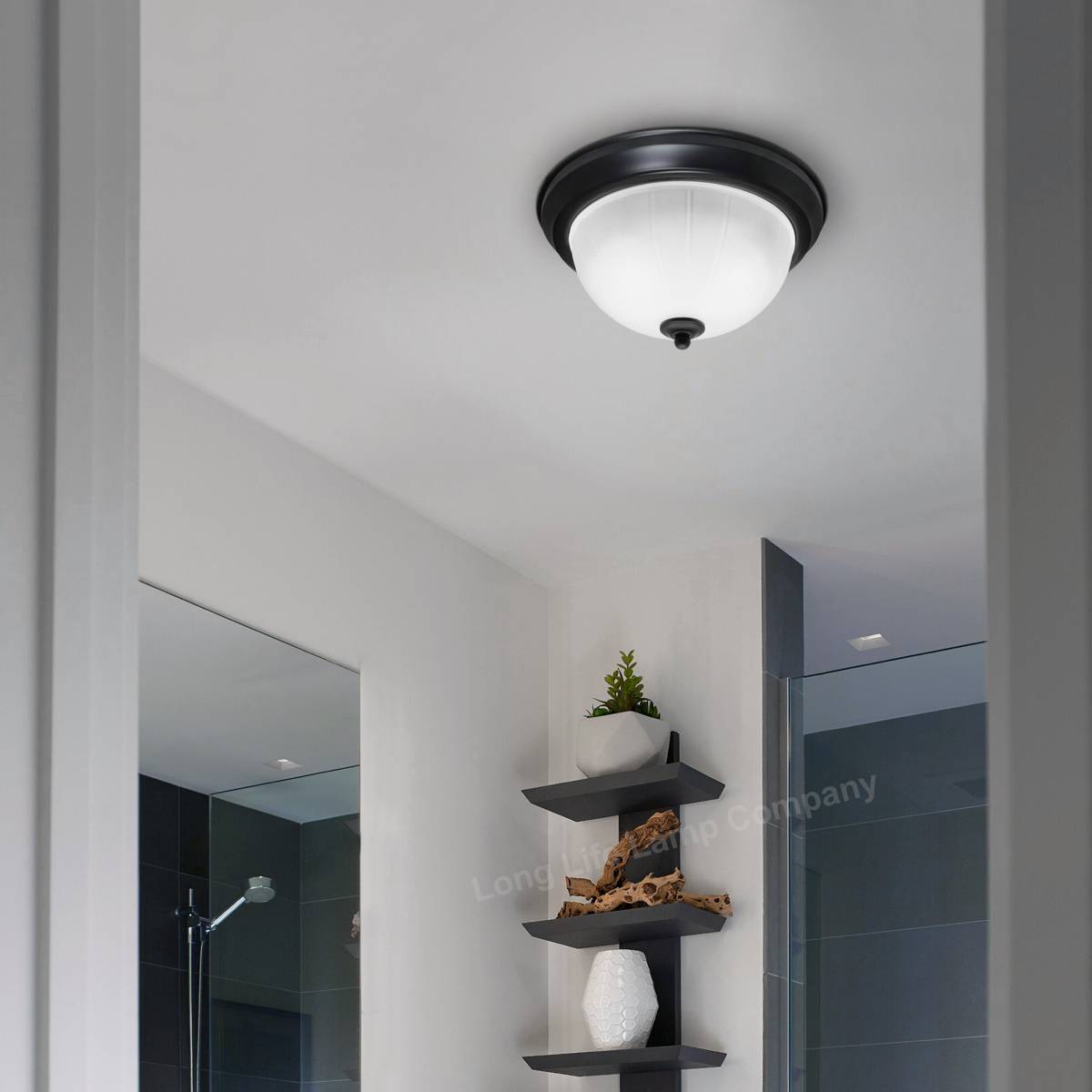 Energy Light Bulbs Textured Frosted Glass Flush Ceiling Light IP44 - Black - Image 6