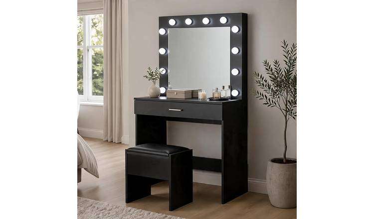 Home Source Ella 1 Drawer Illuminated Dressing Table Set - Black