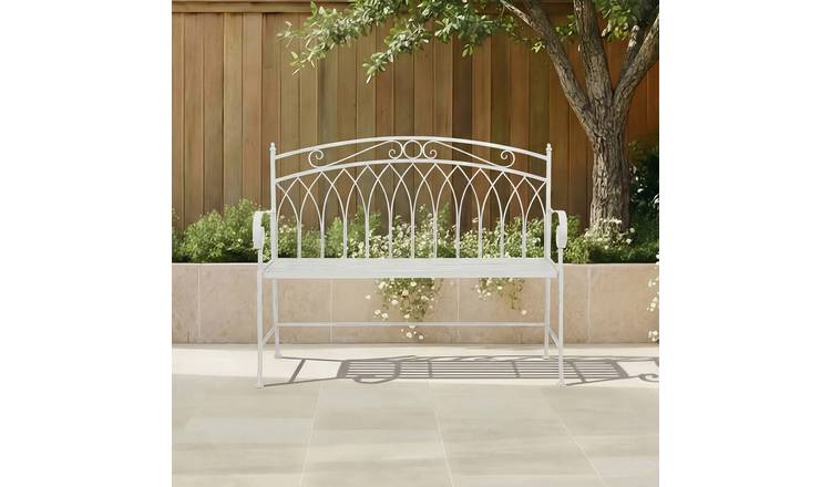 Charles Bentley Decorative Rustic Metal Garden Bench - Antique White