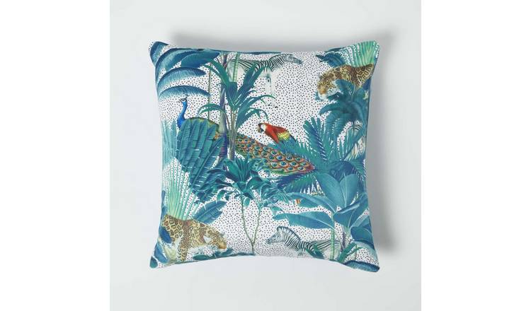 Homescapes Teal Jungle & Parrot Velvet Filled Cushion - 46 x 46 cm