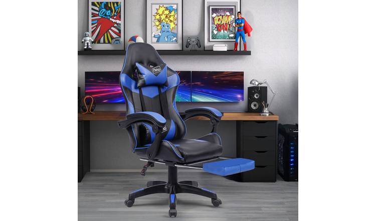 Neo Leather Massage Recliner Gaming Office Chair with Footrest - Blue