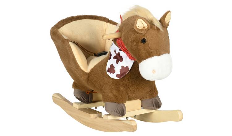 HOMCOM Plush Seat Belt Realistic Sounds Toddler Rocking Horse - Brown