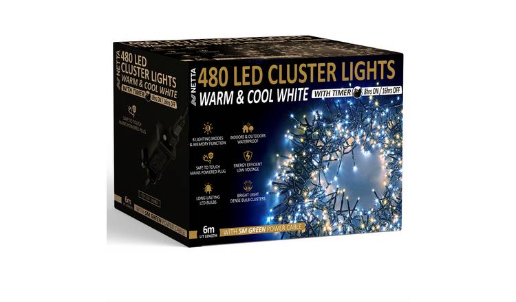 NETTA 480 LED 6m Christmas Cluster String Lights with Timer - Warm & Cool White