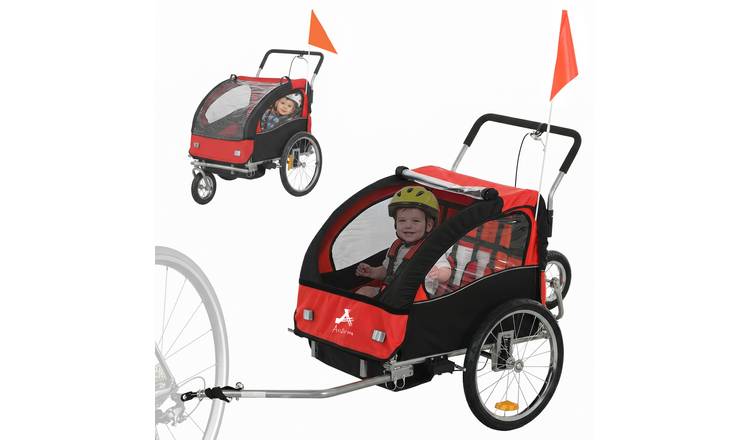 HOMCOM 2 Seat 5 Point Harness Safety Flag Reflectors Kids Bike Trailer - Red